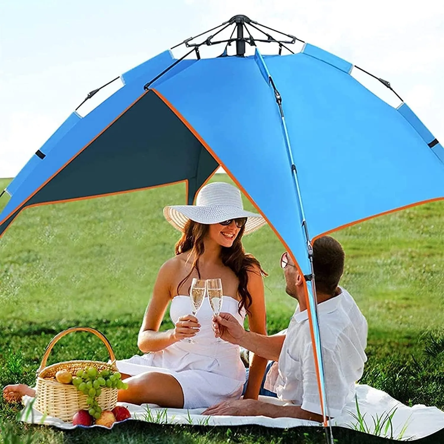 3-4 Person Family Camping Tent Automatic Instant Pop Up Waterproof PU3000mm 210D Oxford Material Family-Sized Groups Camp Beach Tents (Blue)