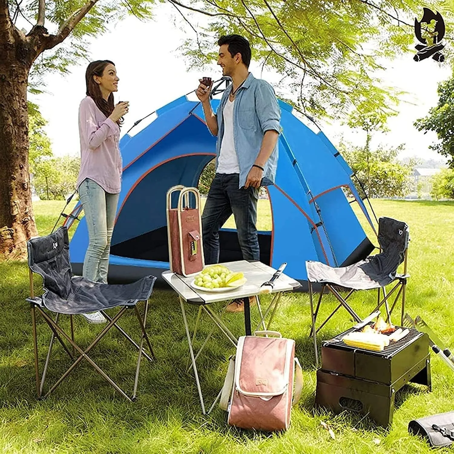 3-4 Person Family Camping Tent Automatic Instant Pop Up Waterproof PU3000mm 210D Oxford Material Family-Sized Groups Camp Beach Tents (Blue)