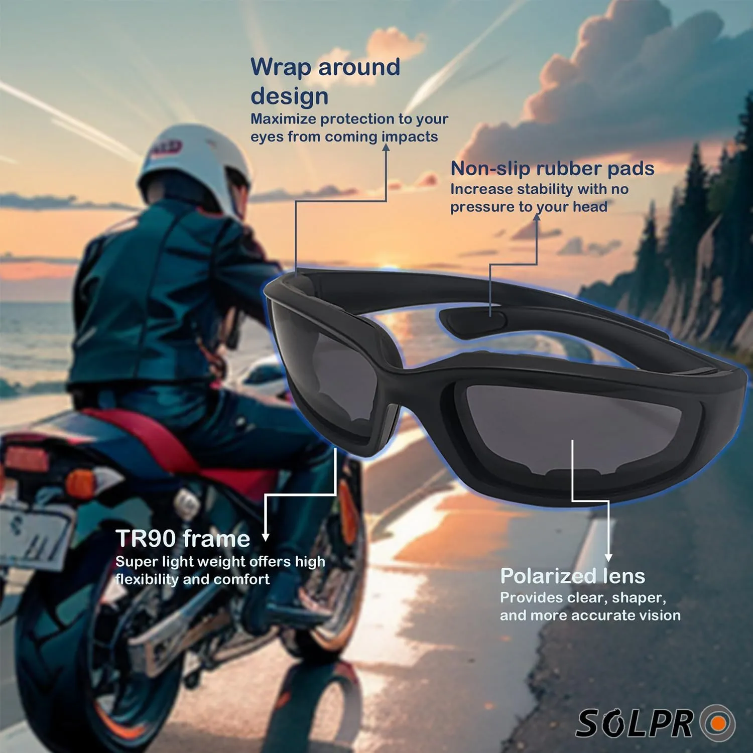 3 Pack Polarized Motorcycle Riding Glasses, UV Protection, Foam Padded, Anti-Wind, Dustproof, Light Weight