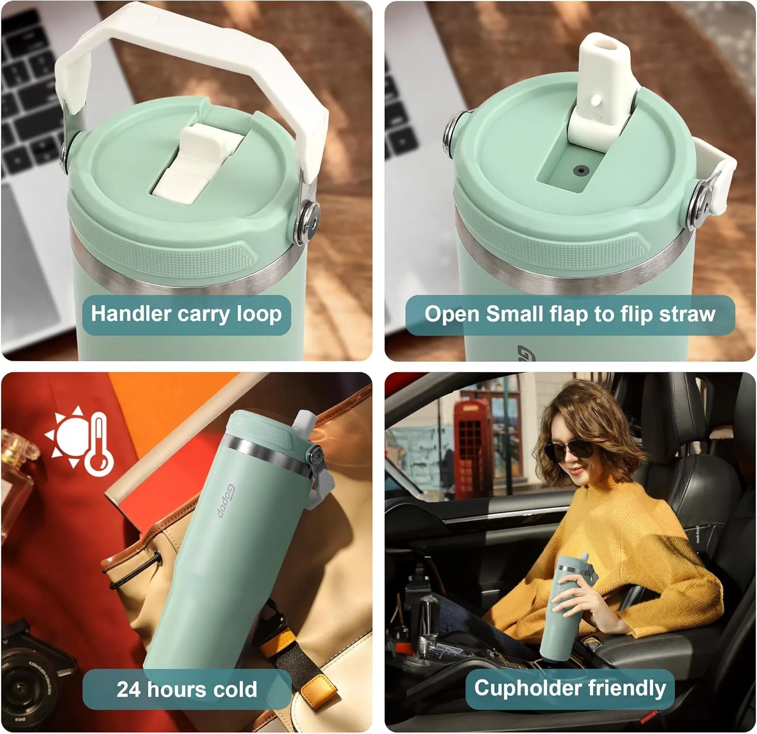30 oz Tumbler with Flip Straw - Vacuum Insulated Stainless Steel Water Bottle for Home, Office or Car - Reusable Cup with Straw Leakproof Flip, Cold up to 24h, Mint