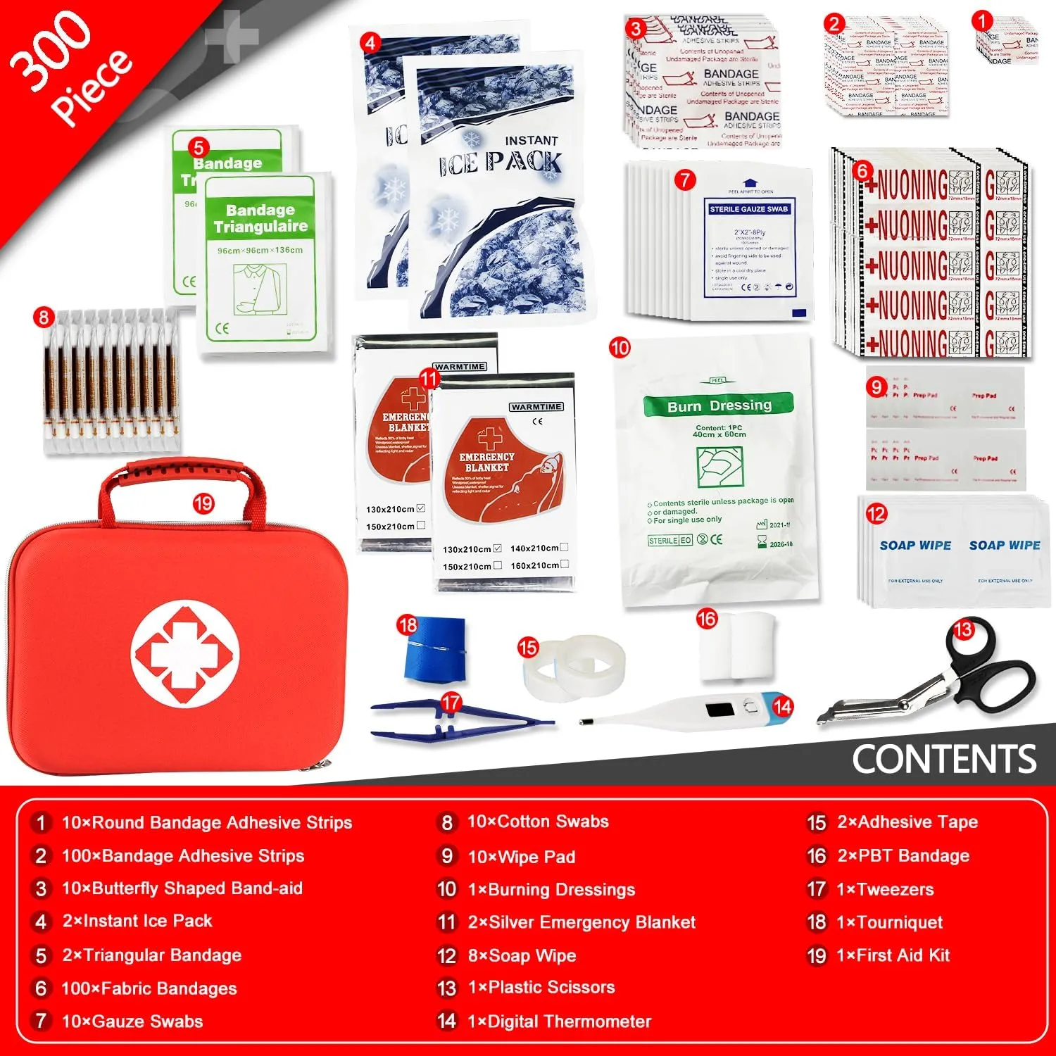 300PCS Home First Aid Kit for Hiking Car Home Emergency Kit First Aid Handheld Bag Multiple Purpose Case Outdoor Backpacking Gear for Disaster Preparedness Red
