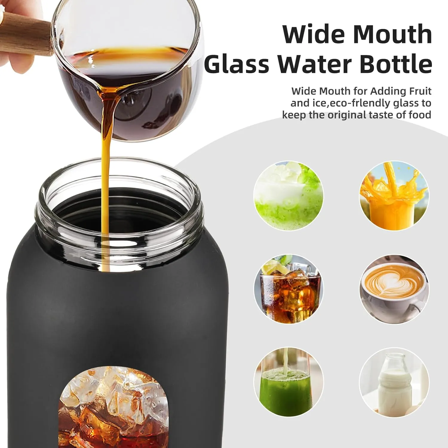 32 oz Glass Water Bottle with 2 Lids-Handle Straw Lid & Bamboo Lid,1 Liter Motivataional Tumbler Water Bottle Time Marker, Borosilicate Glass Water Bottles With Silicone Sleeve, Leakproof