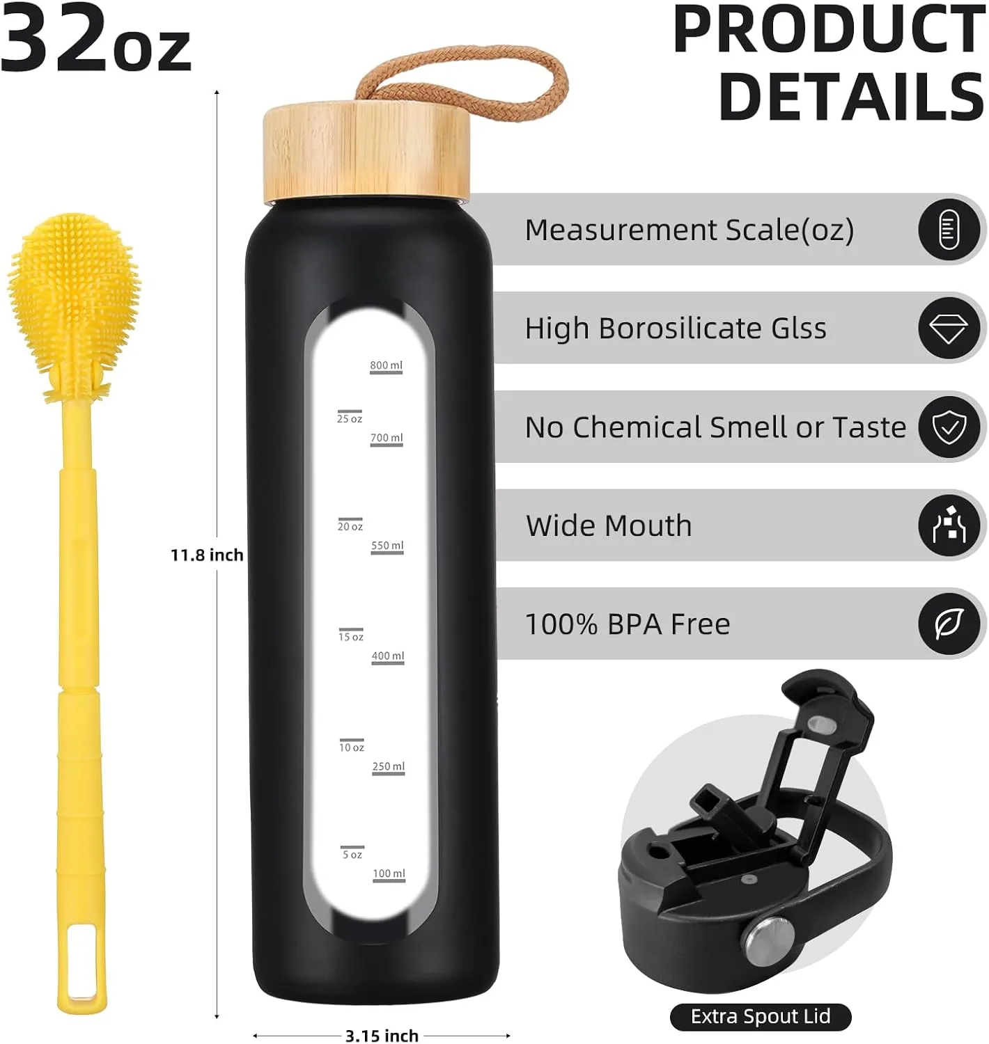 32 oz Glass Water Bottle with 2 Lids-Handle Straw Lid & Bamboo Lid,1 Liter Motivataional Tumbler Water Bottle Time Marker, Borosilicate Glass Water Bottles With Silicone Sleeve, Leakproof
