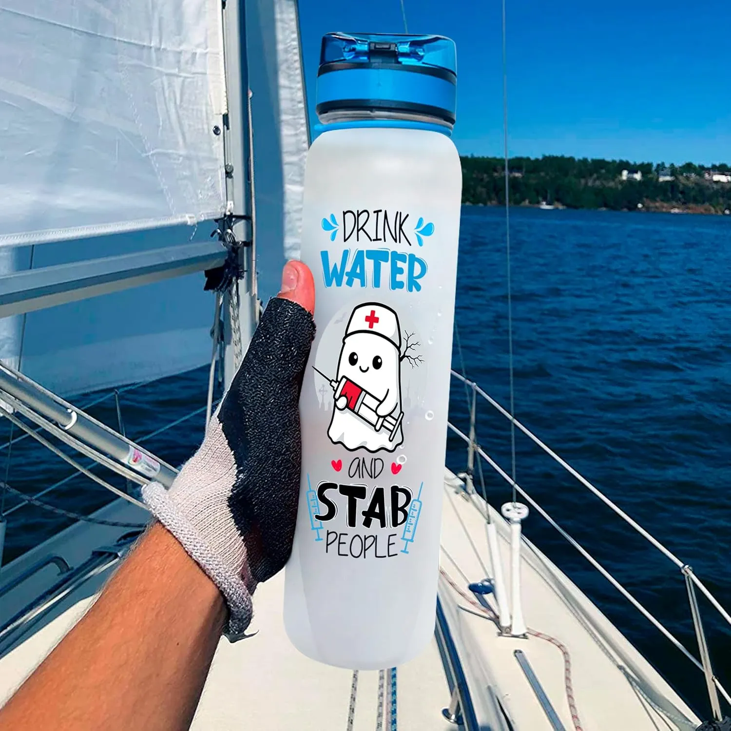 32oz 1liter Funny Ghost Night Shift Nurse, Inspirational Motivational Water Tracker Bottle with Times Marker & Removable Strainer, Water Bottle with Time to Drink for Sports, Home, Work