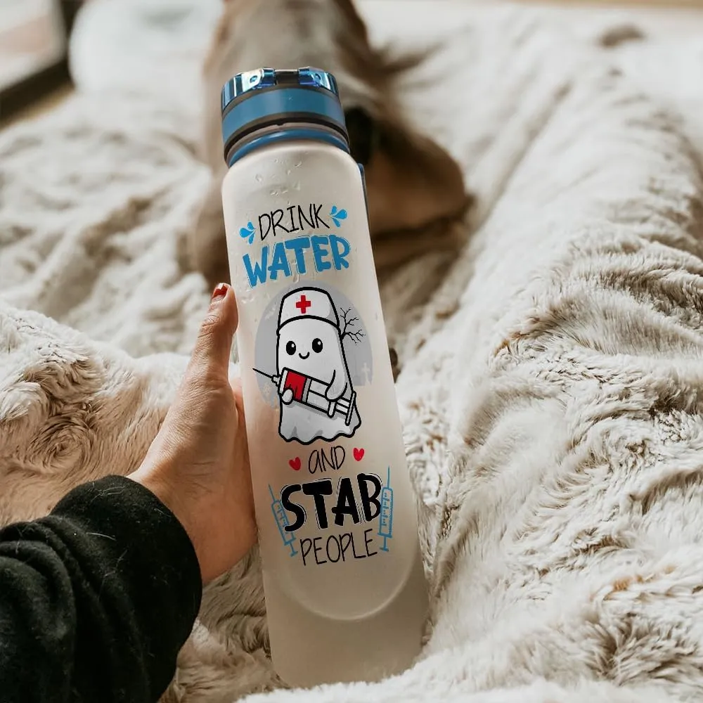 32oz 1liter Funny Ghost Night Shift Nurse, Inspirational Motivational Water Tracker Bottle with Times Marker & Removable Strainer, Water Bottle with Time to Drink for Sports, Home, Work