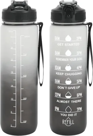 32oz Sports Water Bottle with Time Marker and Straw, Leakproof Motivational Water Bottle for Fitness, Gym and Outdoor Activities(Gray-Black