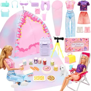 34 Pcs Doll Travel Camping Tent Playset for 11.5 Inch Girl Dolls Includes Clothes, Tent, Telescope, Backpack, Sleeping Bag & Other Camping Accessories for Doll Travel Camping Toy Set（NO Doll）