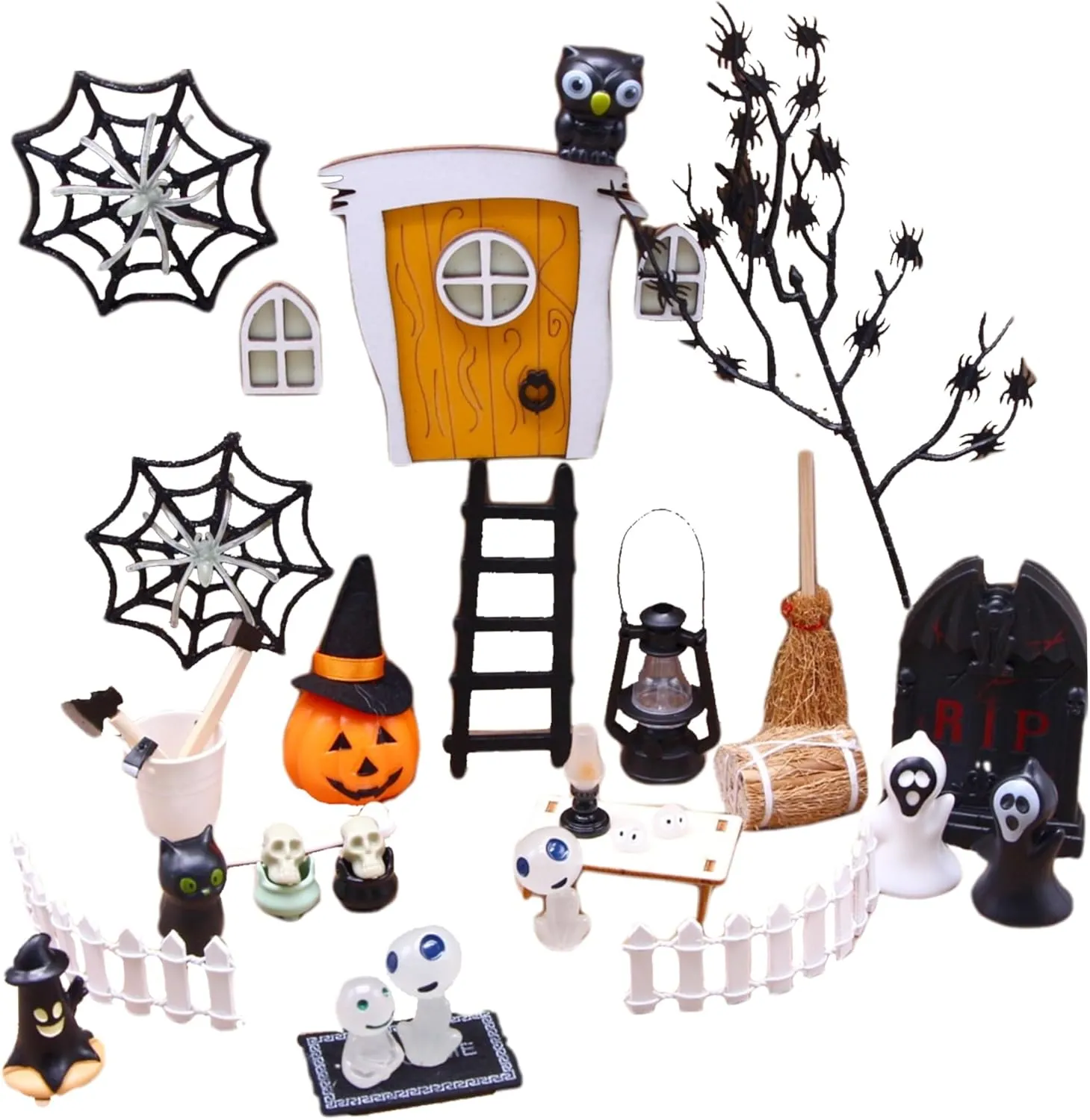 35Pcs/Set Halloween Miniatures Kit Horror Dollhouse Halloween Craft Supplies DIY Mini Waterproof Glowing Halloween Village Accessories for Courtyards Fish Tanks Crystal Balls Halloween Miniatures