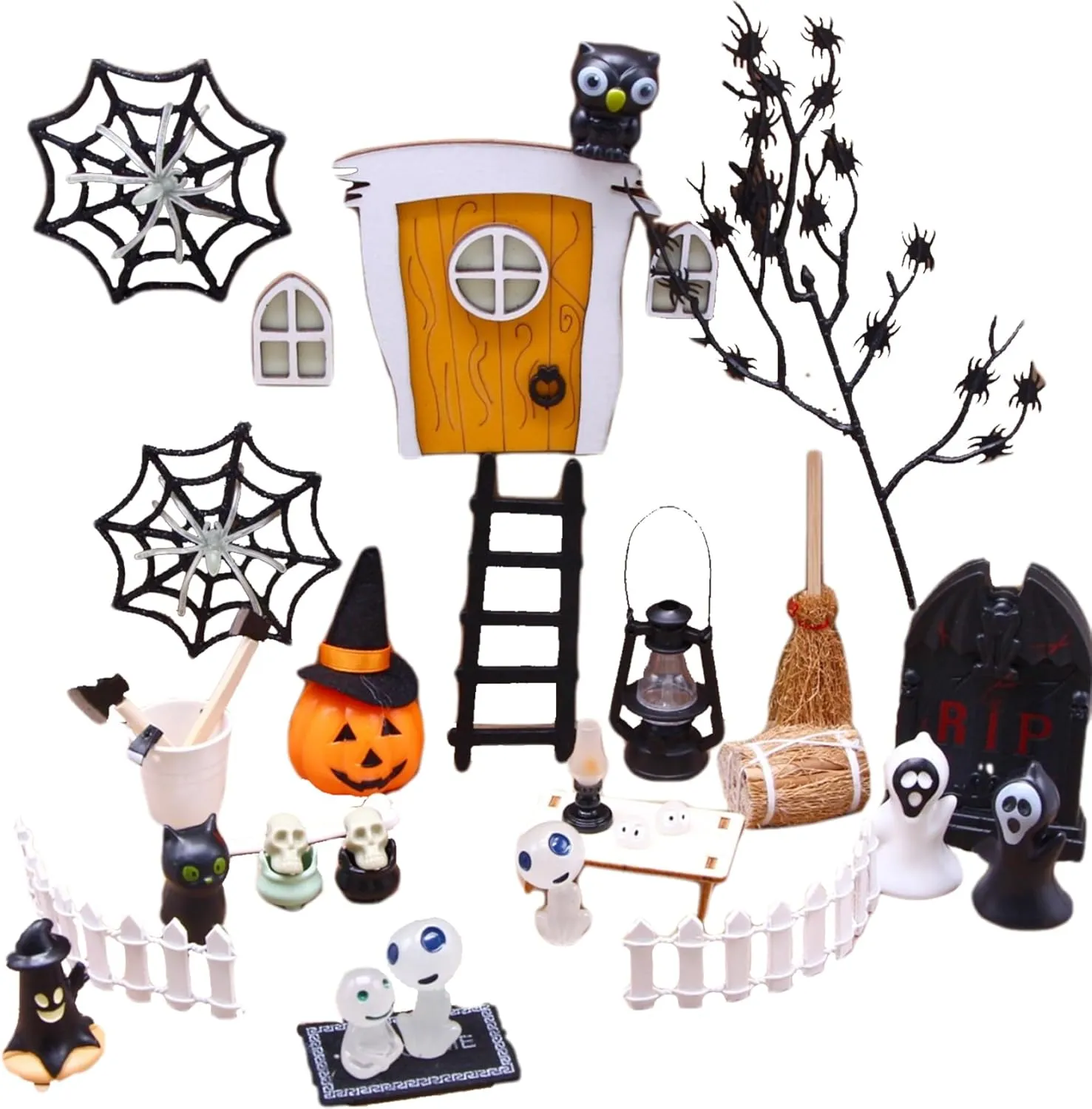 35Pcs/Set Halloween Miniatures Kit Horror Dollhouse Halloween Craft Supplies DIY Mini Waterproof Glowing Village Accessories for Courtyards Fish Tanks Crystal Balls