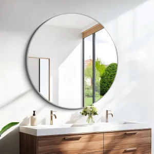 39" Large Silver Round Mirror, Oversized Wall Mounted Bathroom Metal Framed Circle Mirror, Modern Vanity Circular Mirrors for Wall, Over Sink, Living Room, Bedroom Decor
