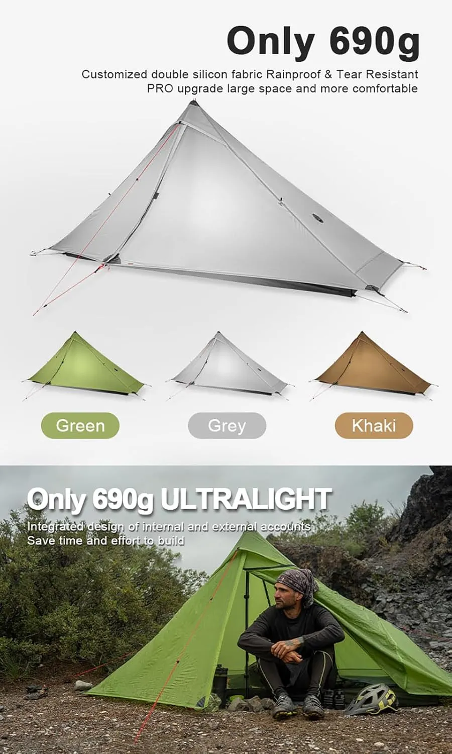 3F UL Gear Lanshan PRO Lanshan Ultralight Tent Ultralight Tent 3-Season Backpacking Tent for 1-Person or 2-Person Camping, Climbing, Hiking, Trekking, Kayaking (for 1 Person, Gray- 4 Season)