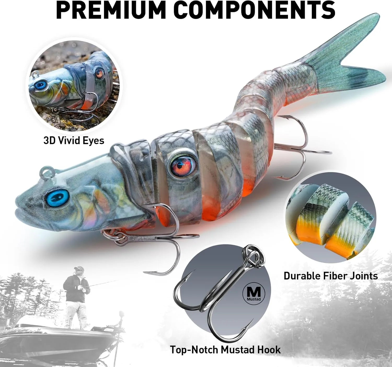 3PCS Lifelike Multi-Jointed Swimbait, Bass Fishing Lure for Freshwater and Saltwater, Slow Sinking, Mustad Hook, Angler's Gift, for Pike Largemouth Bass, 1/2oz, 3/4oz and 1 1/4oz
