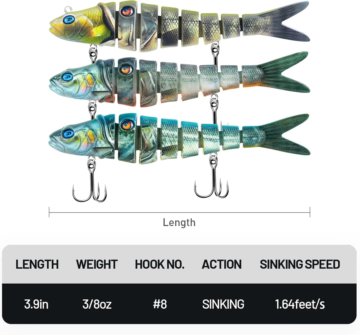 3PCS Lifelike Multi-Jointed Swimbait, Bass Fishing Lure for Freshwater and Saltwater, Slow Sinking, Mustad Hook, Angler's Gift, for Pike Largemouth Bass, 1/2oz, 3/4oz and 1 1/4oz