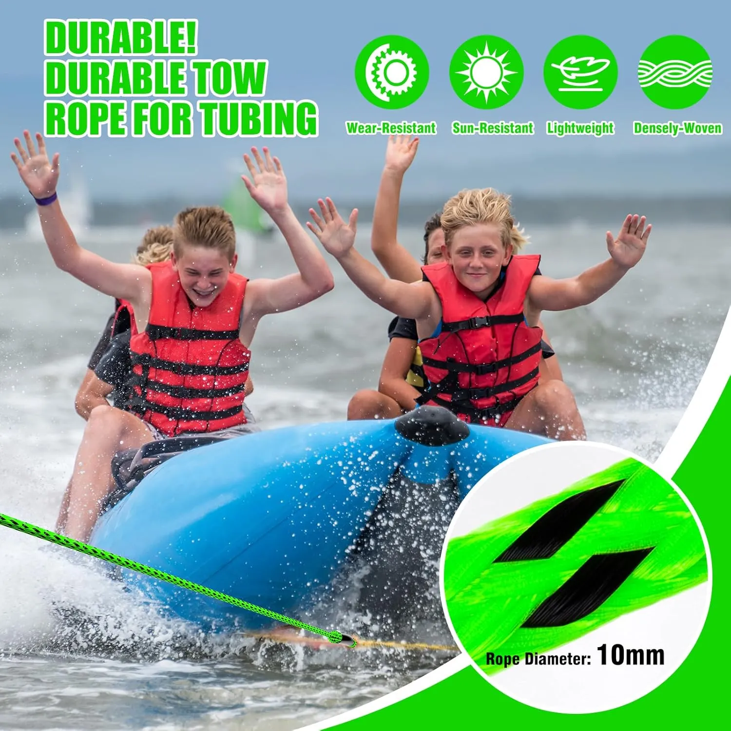 4-6K 60FT Boat Tow Rope for Tubing, Fits 1-4 Person Towable Tubes Boating, Heavy-Duty Floating Tube Tow Rope for Watersports