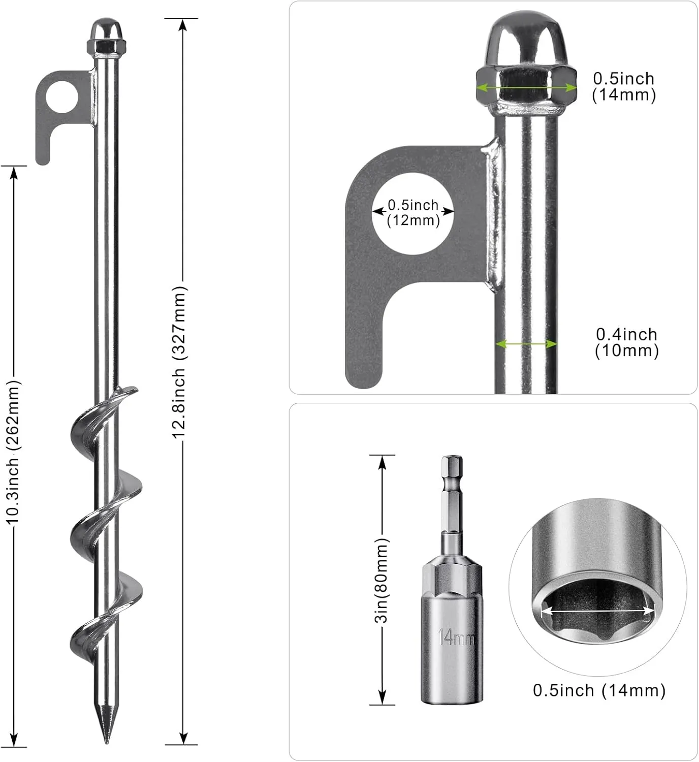 4 Pack Tent Stakes, 12 Inch Heavy Duty Ground Anchors, Fully Welded Spiral Earth Anchors for Camping Tents, Trampolines, Sheds, Swing Sets, Securing Animals