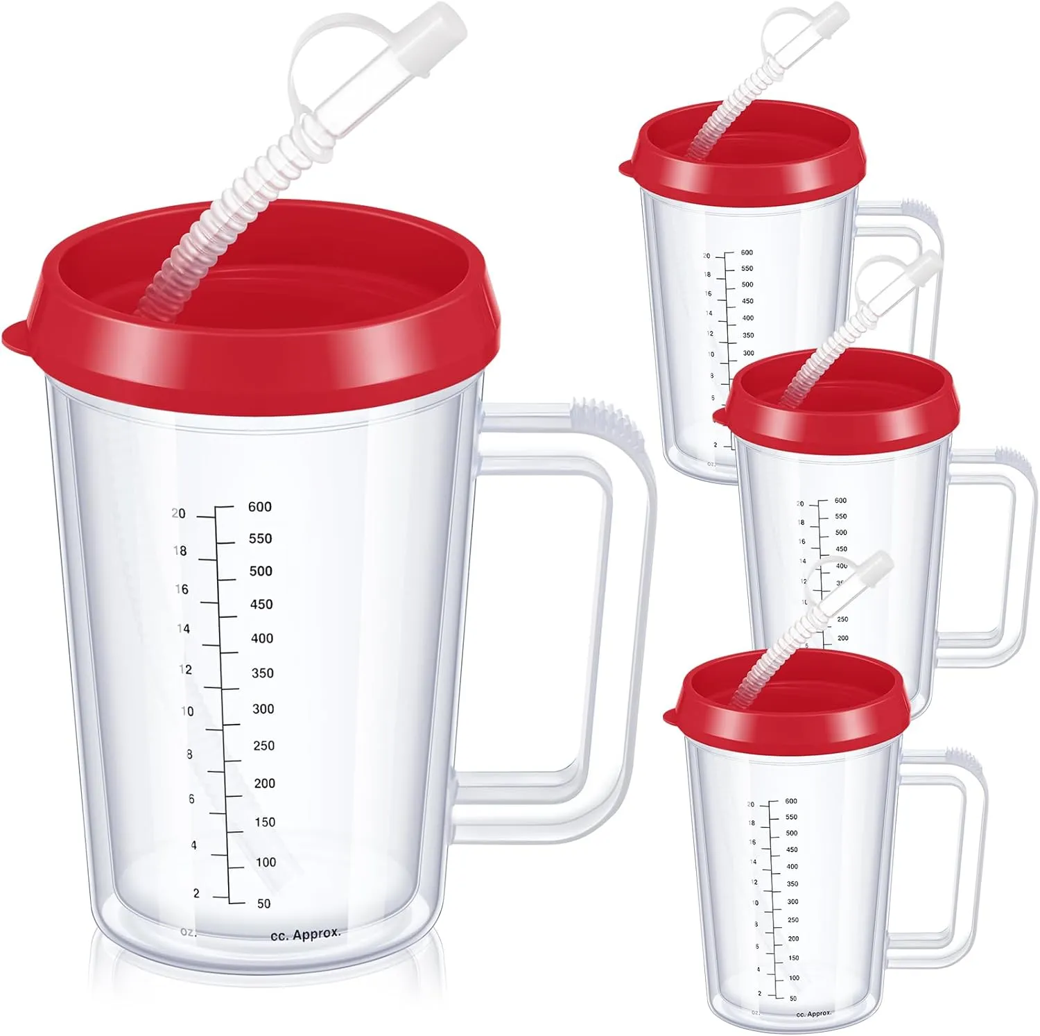 4 Pcs 20 oz Hospital Water Cup with Straw and Lid Insulated Double Walled Water Bottle Hospital Carafe Mug with Handle Graduated Plastic Elderly Drinking Cup with Straw(Red)