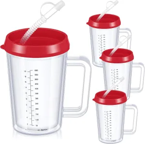4 Pcs 20 oz Hospital Water Cup with Straw and Lid Insulated Double Walled Water Bottle Hospital Carafe Mug with Handle Graduated Plastic Elderly Drinking Cup with Straw(Red)