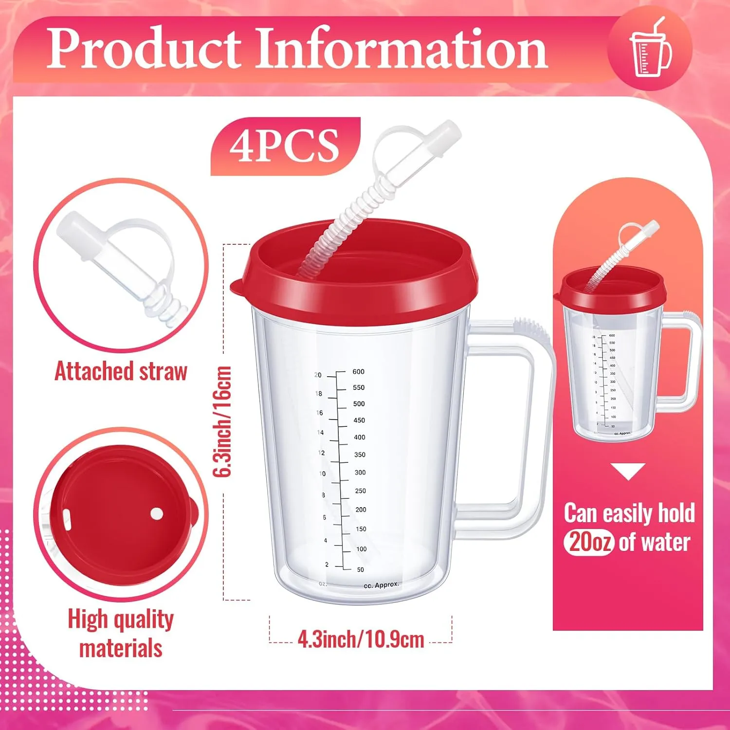 4 Pcs 20 oz Hospital Water Cup with Straw and Lid Insulated Double Walled Water Bottle Hospital Carafe Mug with Handle Graduated Plastic Elderly Drinking Cup with Straw(Red)