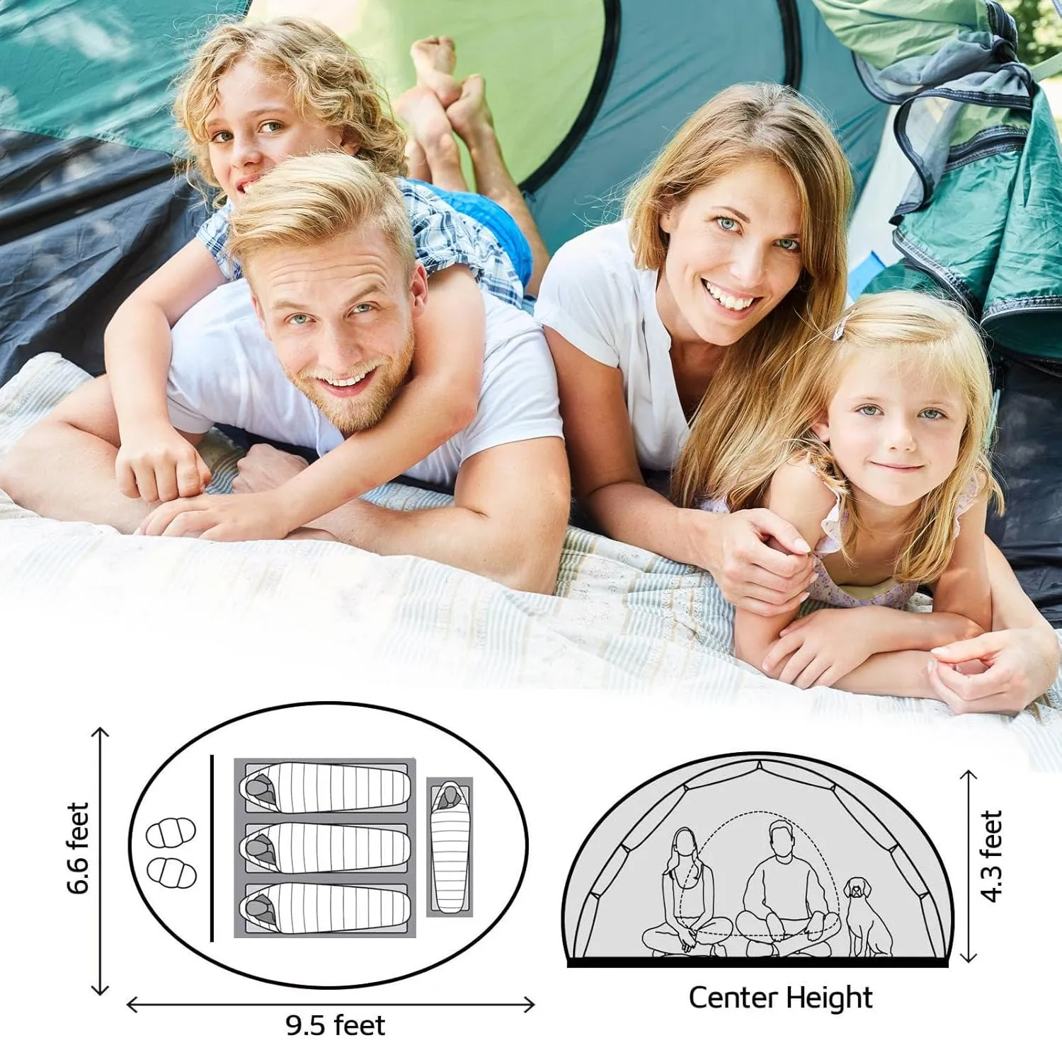 4 Person Easy Pop Up Tent,9.5’X6.6’X52'',Waterproof, Automatic Setup,2 Doors-Instant Family Tents for Camping, Hiking & Traveling