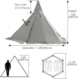 4 Season Waterproof Teepee Tent Pyramid Tent with Stove Hole Jack for Outdoor Camping Hiking, Height 7.8FT/240CM
