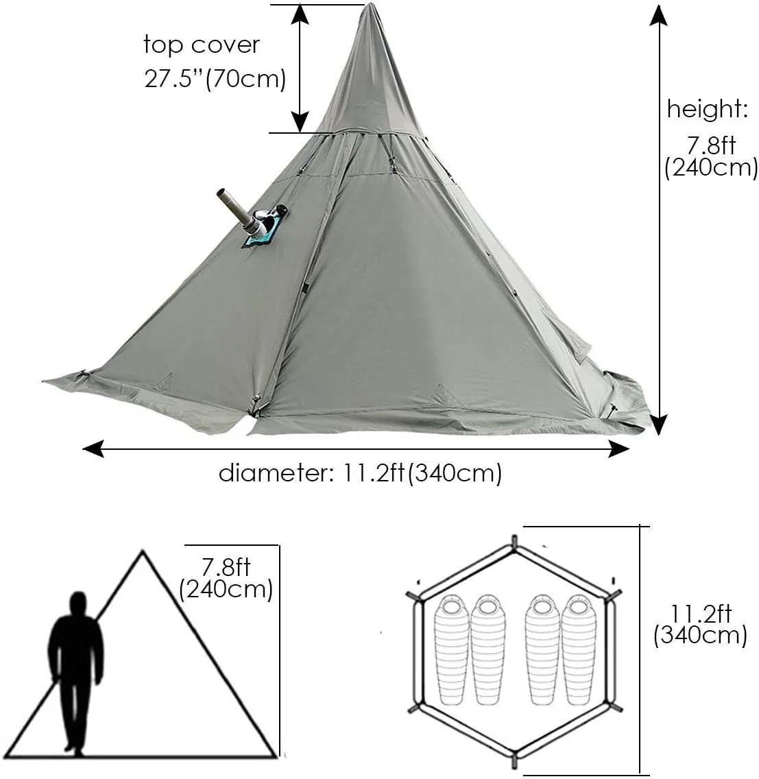 4 Season Waterproof Teepee Tent Pyramid Tent with Stove Hole Jack for Outdoor Camping Hiking, Height 7.8FT/240CM