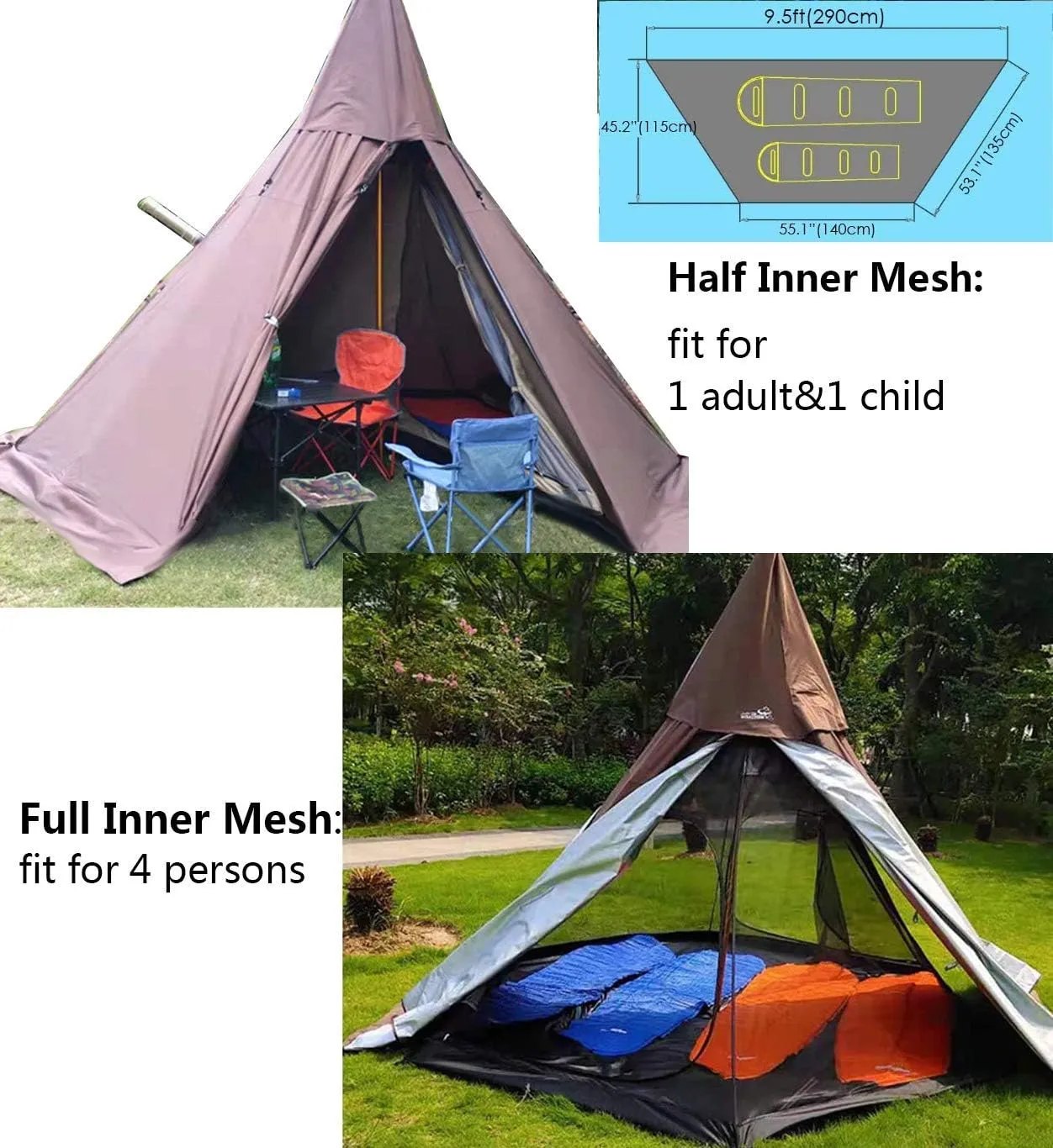 4 Season Waterproof Teepee Tent Pyramid Tent with Stove Hole Jack for Outdoor Camping Hiking, Height 7.8FT/240CM