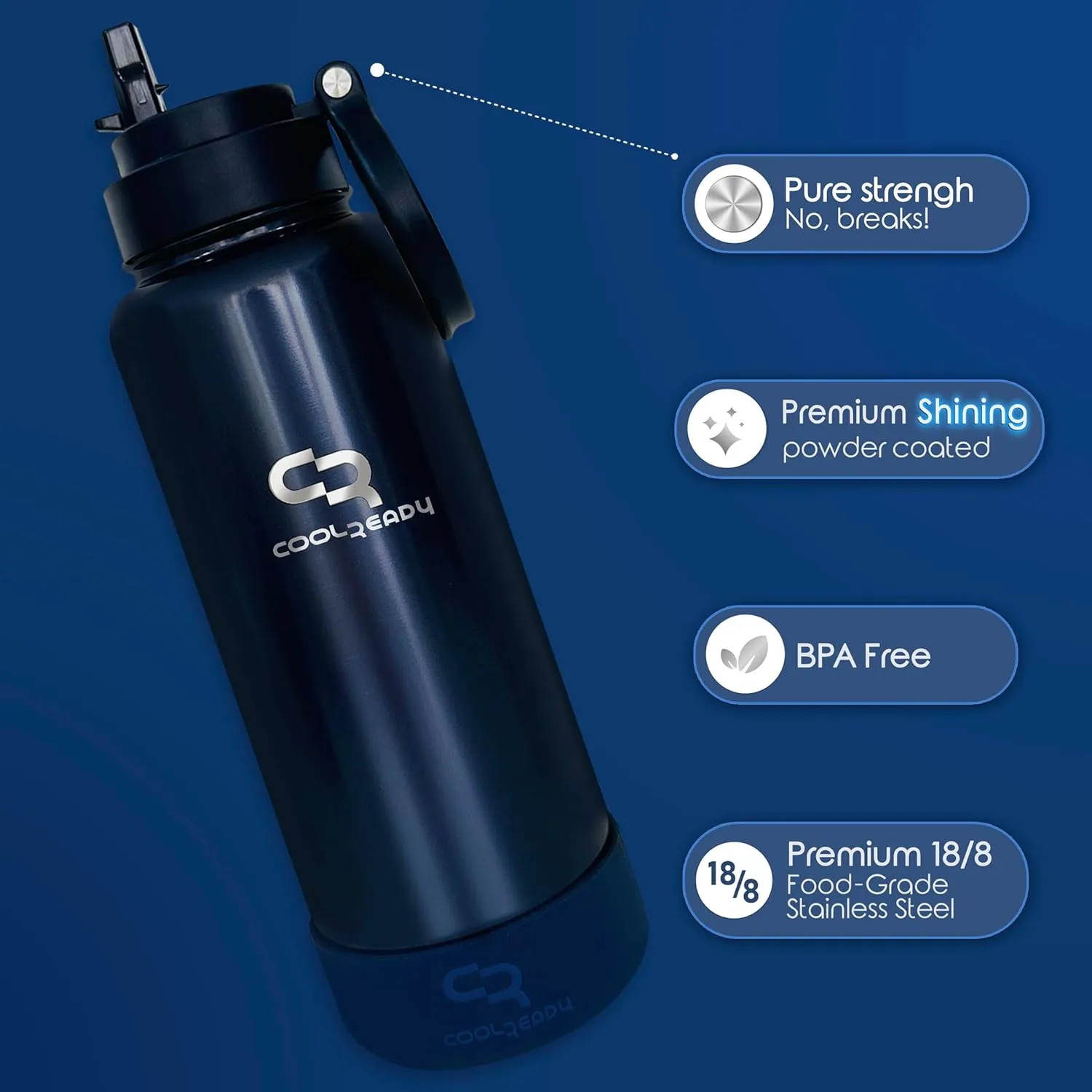 40oz Blue Double Walled Insulated Stainless Steel Water Bottle with Straw Lid, Chug Lid, Silicon Boot, Wide Mouth, Workout Bottle for Men and Women