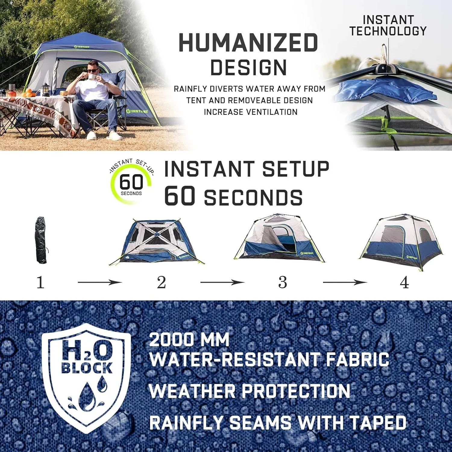 4/6 Person Instant Tent, Waterproof Pop Up Tents for Camping with Rainfly, 60 Seconds Easy Setup, Automatic Cabin Tent for Family Camping with Expandable Carry Bag & Upgraded Ventilation
