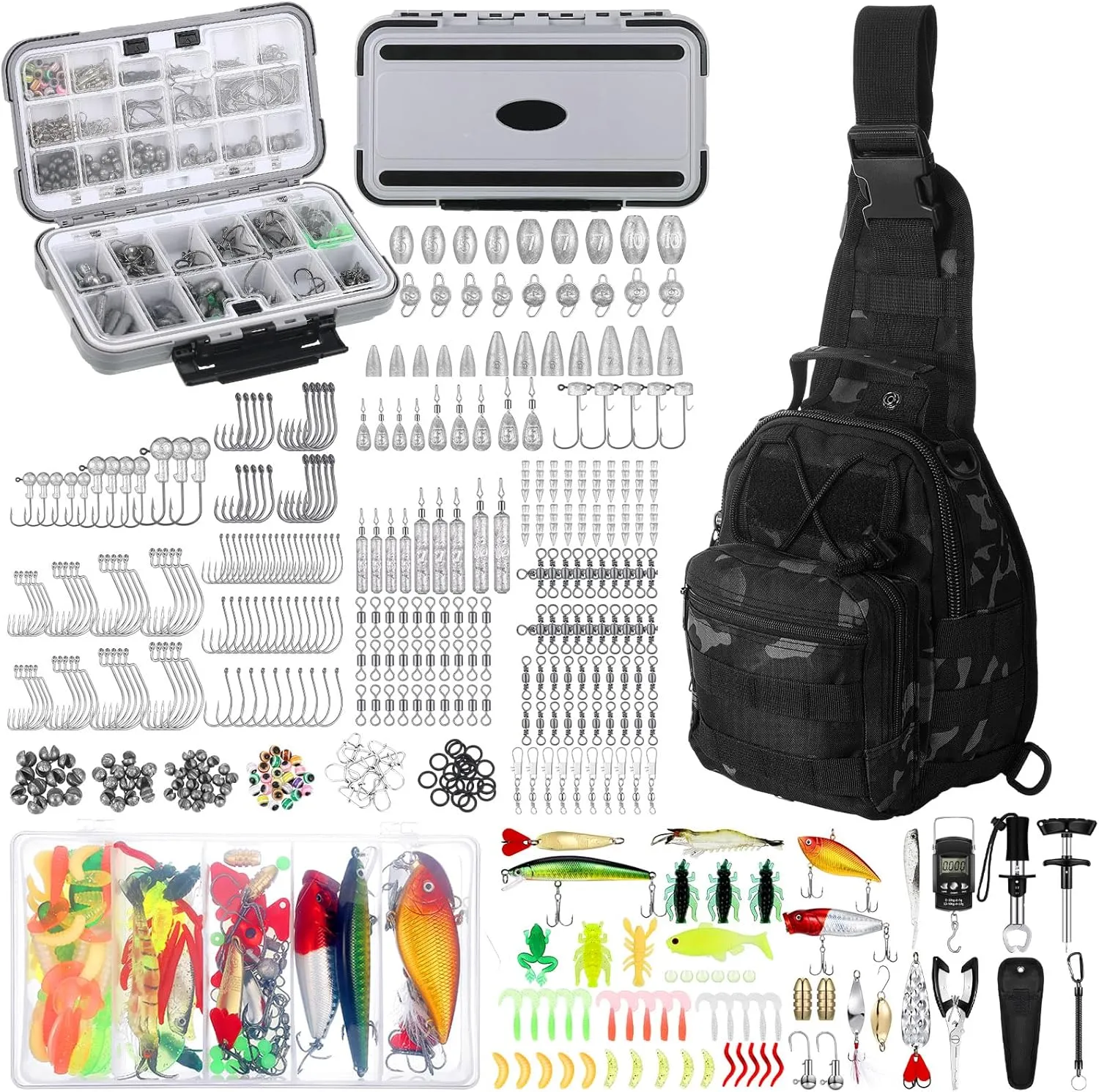 482 Pcs Fishing Tools Kit Fishing Accessories Kit Include Fish Hook Lures Hook Remover Lip Gripper Backpack for Men Women Gifts