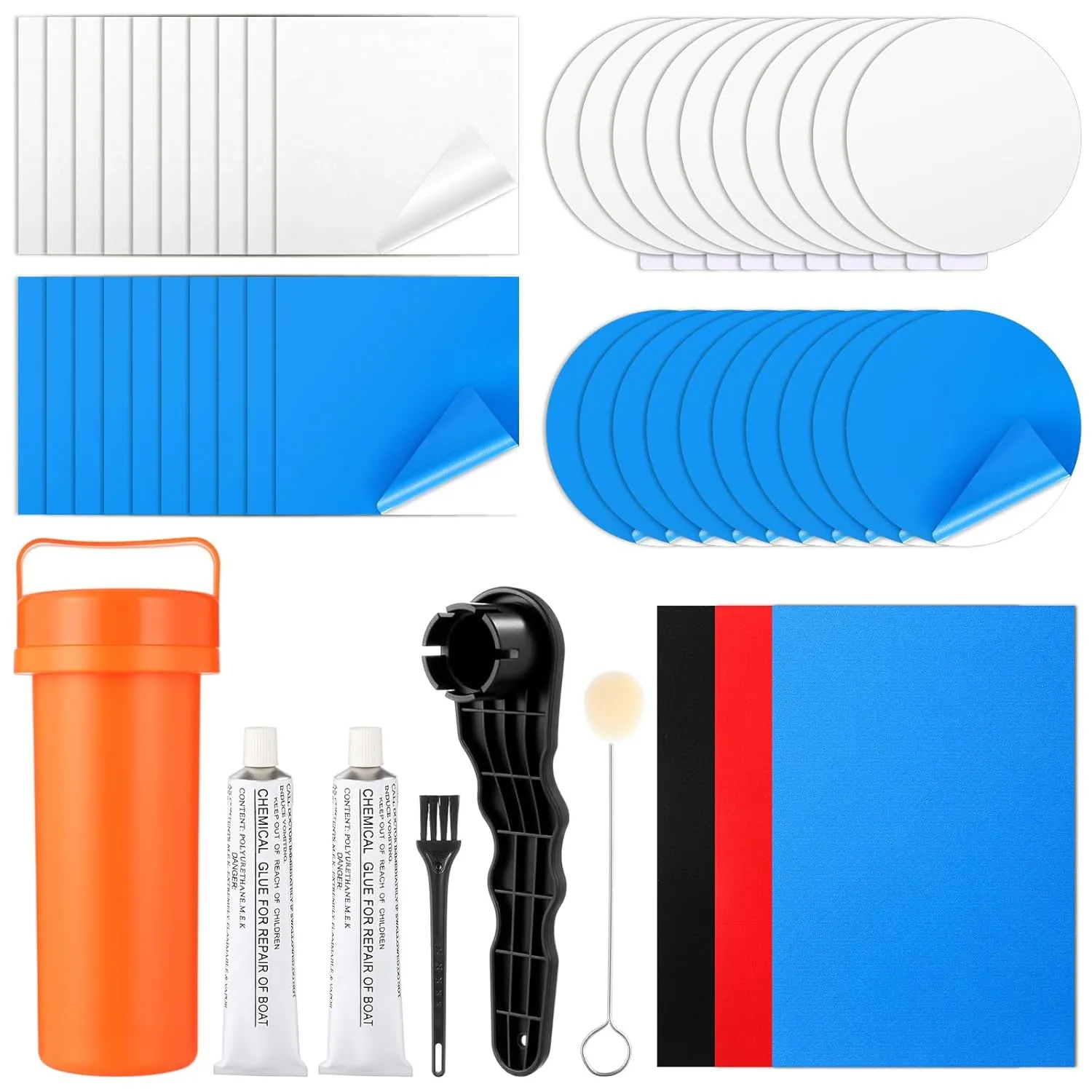 49 Pcs Inflatable Boat Repair Kit Pool Liner Patch Kit Waterproof with 30 ml Glue, Heavy Duty TPU Repair Patch Self Adhesive for Air Mattress, Tent, Swimming Ring, Raft, Kayak