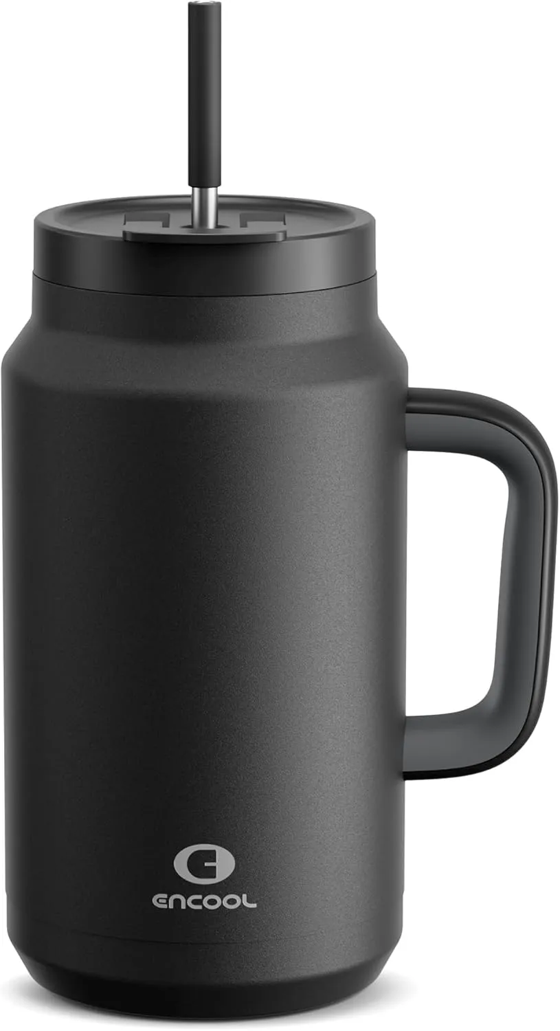 50 oz Tumbler with Handle and Straw, 100% Leak-Proof Insulated Cup Large Water Bottle with 2-in-1 Lid, Reusable Stainless Steel Travel Mug Water Jug, Non-slip Base, BPA-Free （Black Night）