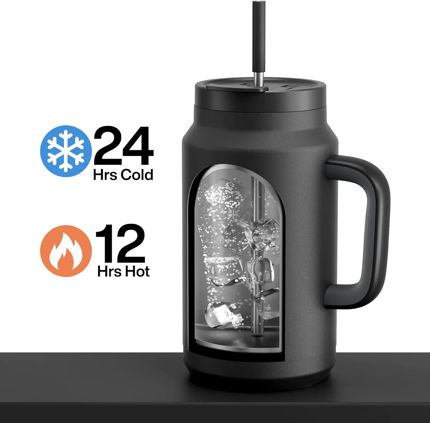 50 oz Tumbler with Handle and Straw, 100% Leak-Proof Insulated Cup Large Water Bottle with 2-in-1 Lid, Reusable Stainless Steel Travel Mug Water Jug, Non-slip Base, BPA-Free （Black Night）
