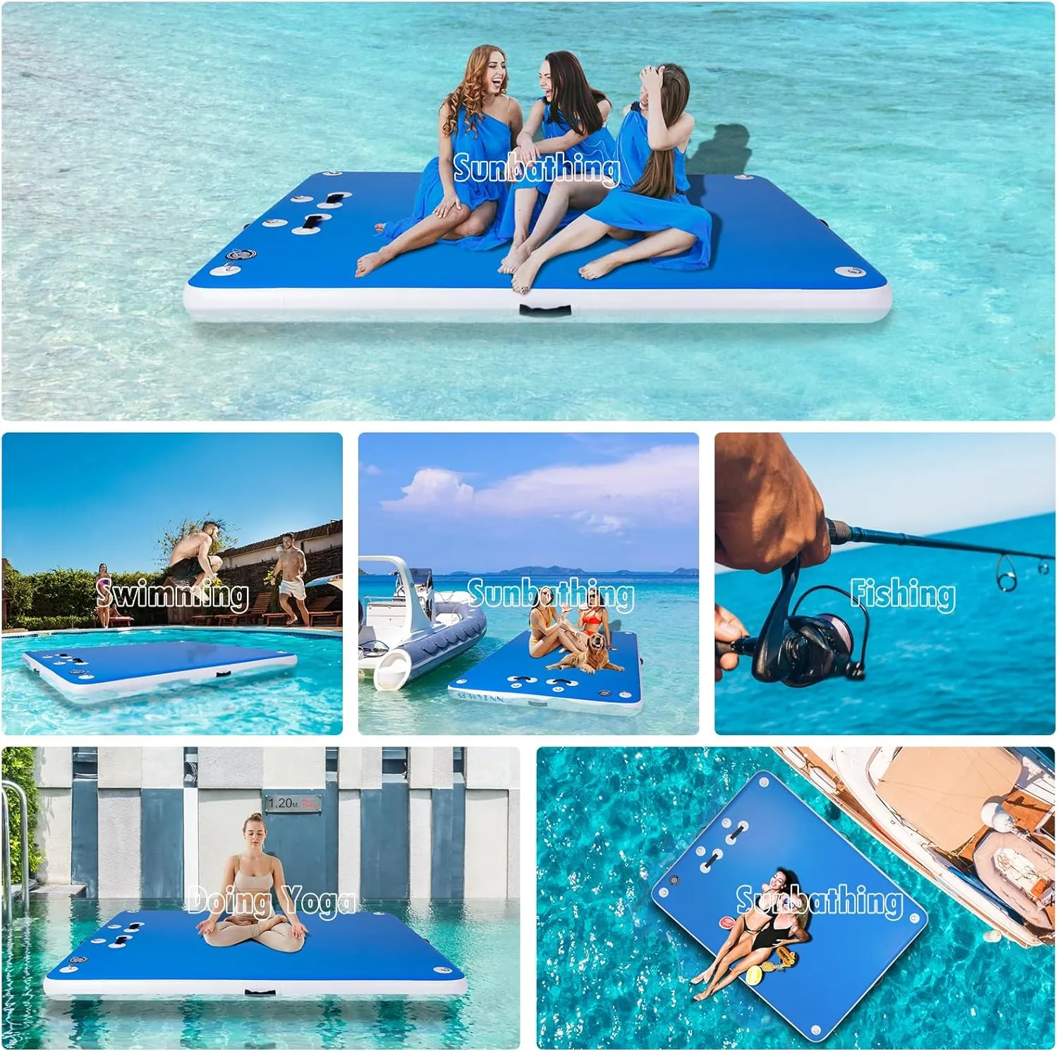 5FT/8FT/10FT/12FT Inflatable Floating Dock for Lakes, Inflatable Dock Floating Platform with Non-Slip Surface, Floating Island Raft for Pool Beach Ocean