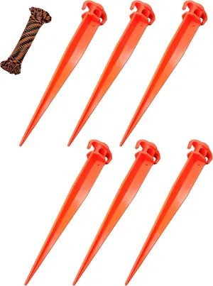 (6) 16" Tent Pegs & (1) 5/32" x 50ft Paracord Rope. Garden Stakes Durable and Strong Plastic Tent Stakes for Beach Mat, Camping, Hiking, Garden, Landscape Stakes, Orange Stakes UV Resistant