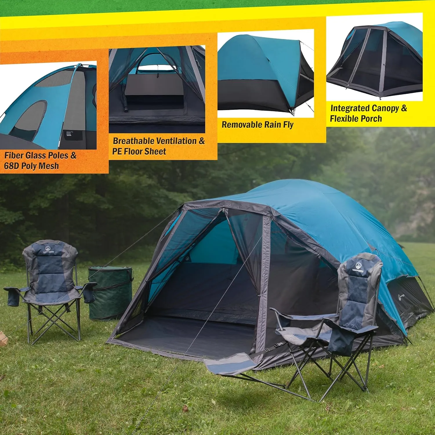 6 Person Camping Tent - Water-Resistant Cabin Style Outdoor Shelter with Built-in Screen Tent and Carrying Bag by Wakeman Outdoors