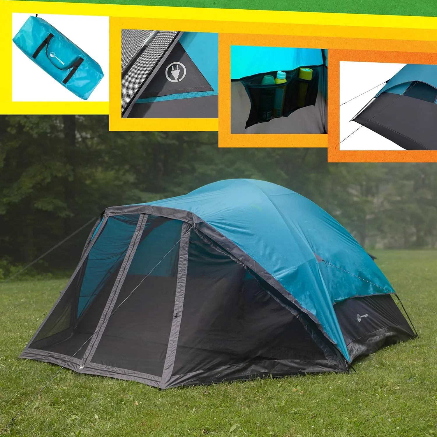 6 Person Camping Tent - Water-Resistant Cabin Style Outdoor Shelter with Built-in Screen Tent and Carrying Bag by Wakeman Outdoors