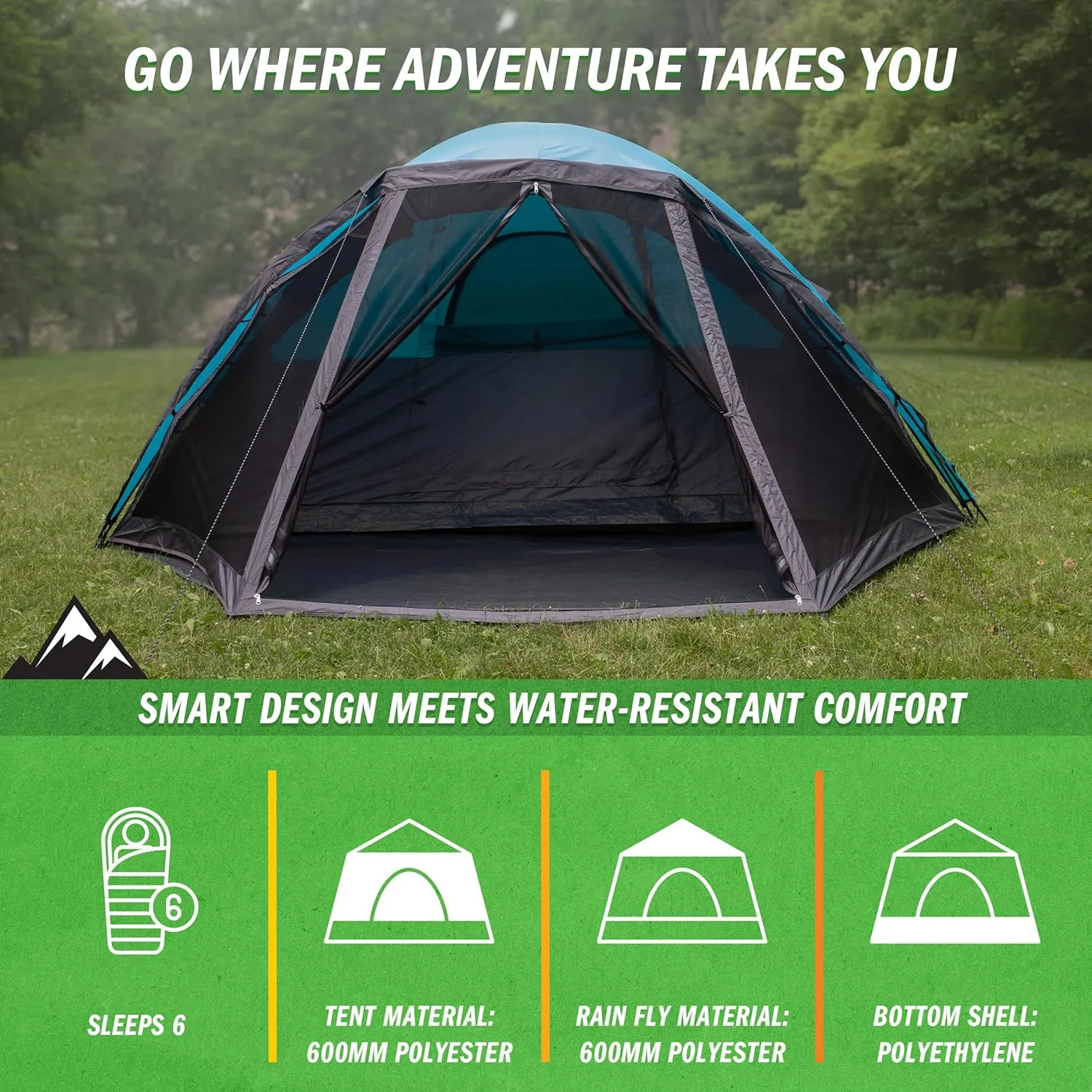 6 Person Camping Tent - Water-Resistant Cabin Style Outdoor Shelter with Built-in Screen Tent and Carrying Bag by Wakeman Outdoors