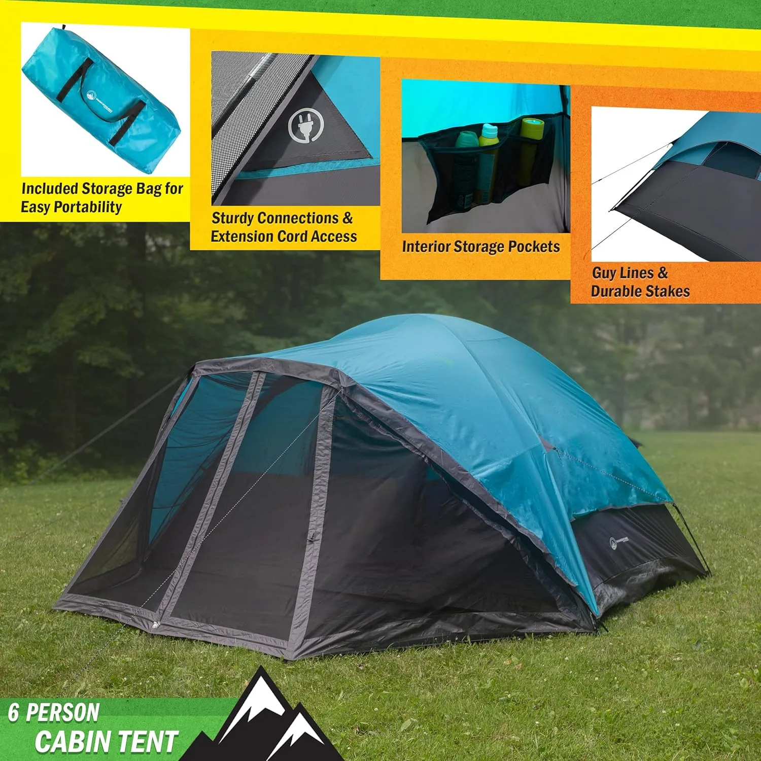 6 Person Camping Tent - Water-Resistant Cabin Style Outdoor Shelter with Built-in Screen Tent and Carrying Bag by Wakeman Outdoors