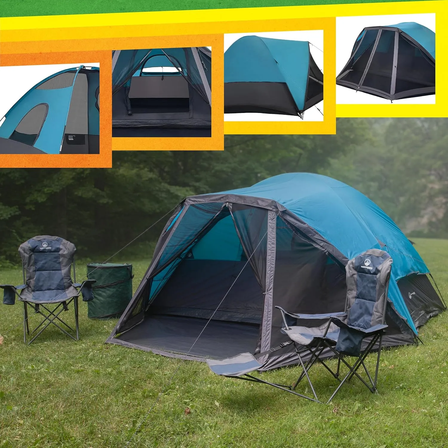 6 Person Camping Tent - Water-Resistant Cabin Style Outdoor Shelter with Built-in Screen Tent and Carrying Bag by Wakeman Outdoors