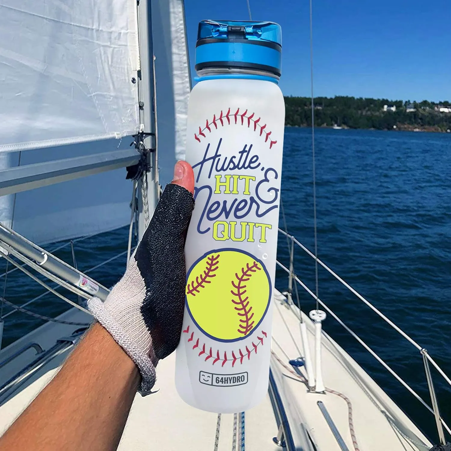 64HYDRO 32oz 1liter Softball Hustle Hit Never Quit Water Bottles with Time Marker, Motivational Water Tracker Bottle with Times to Drink for Home, Work, Gym, Fitness, Sports