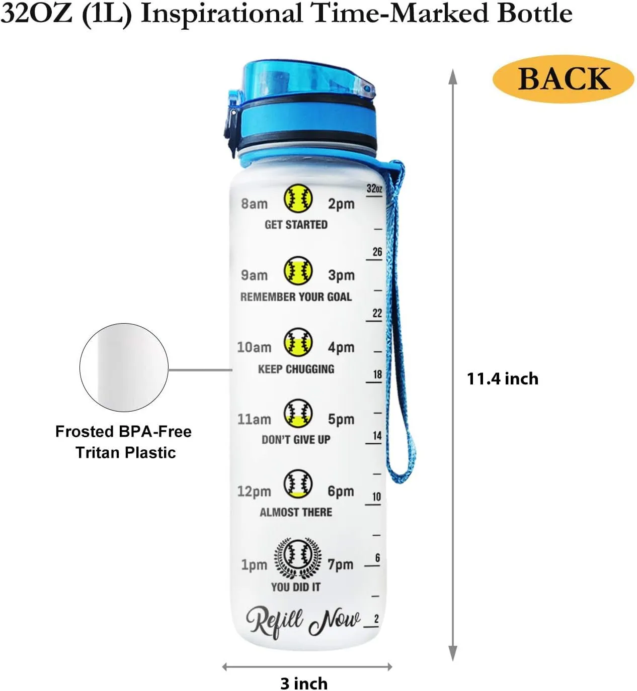 64HYDRO 32oz 1liter Softball Hustle Hit Never Quit Water Bottles with Time Marker, Motivational Water Tracker Bottle with Times to Drink for Home, Work, Gym, Fitness, Sports