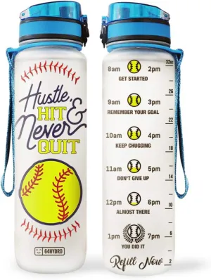 64HYDRO 32oz 1liter Softball Hustle Hit Never Quit Water Bottles with Time Marker, Motivational Water Tracker Bottle with Times to Drink for Home, Work, Gym, Fitness, Sports