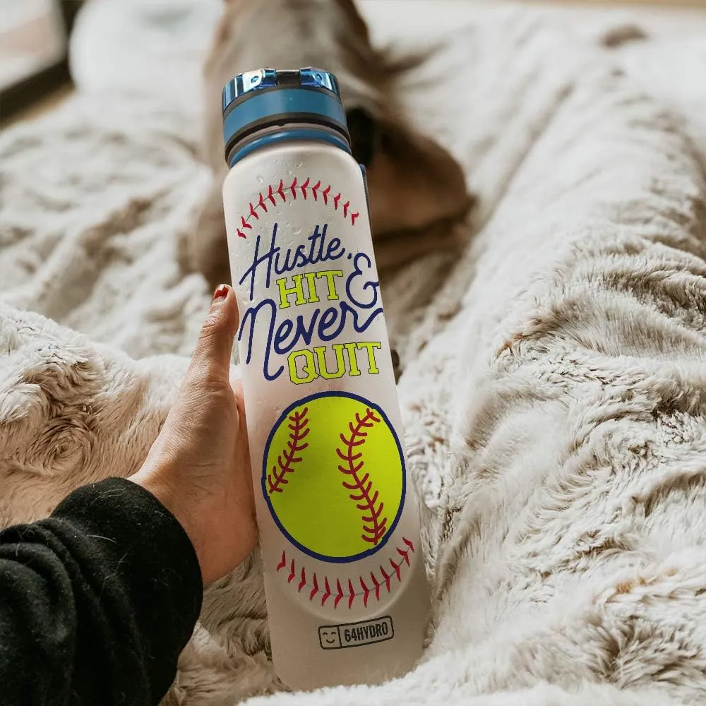 64HYDRO 32oz 1liter Softball Hustle Hit Never Quit Water Bottles with Time Marker, Motivational Water Tracker Bottle with Times to Drink for Home, Work, Gym, Fitness, Sports