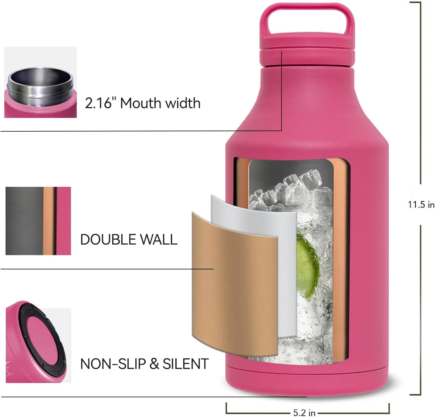 64oz Stainless Steel Water Bottle, 1/2 gallon Vacuum Insulated Durable Jug, BPA-Free Metal Flask,Lightweight Double Wall Large Thermos for camping,sports,Gym, (Half Gallon Pink)