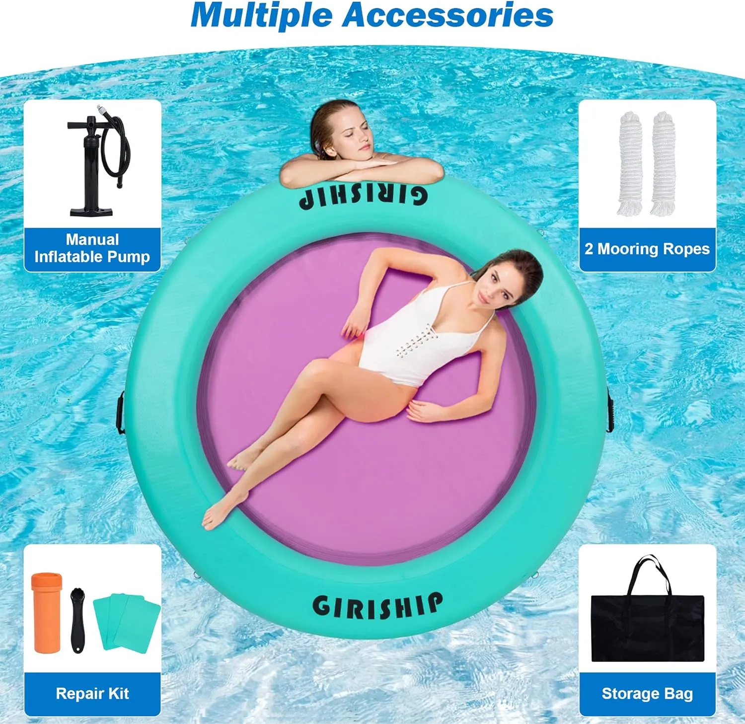 6FT Inflatable Water Hammock, Round Floating Ring Inflatable Floating Dock for Lakes and Pools, Pool Hammock Lake Floats for Adults