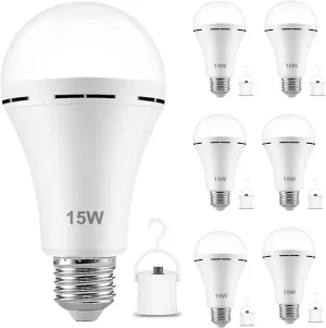 6Pack Rechargeable Emergency 15W LED Light Bulb,Battery LED Bulbs Light 150W Equivalent for Power Outage Camping Outdoor Activity Hurricane 6000K E26 Base Emergency Lighting Bulb