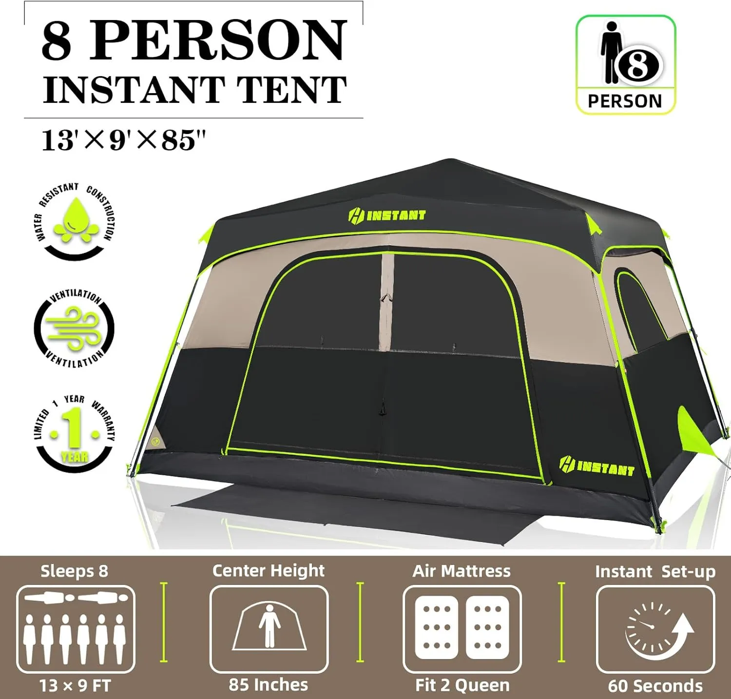 8 Person Instant Tent, Waterproof Pop Up Tents for Camping with Rainfly, 60 Seconds Easy Setup, Automatic Cabin Tent for Family Camping with Expandable Carry Bag & Upgraded Ventilation
