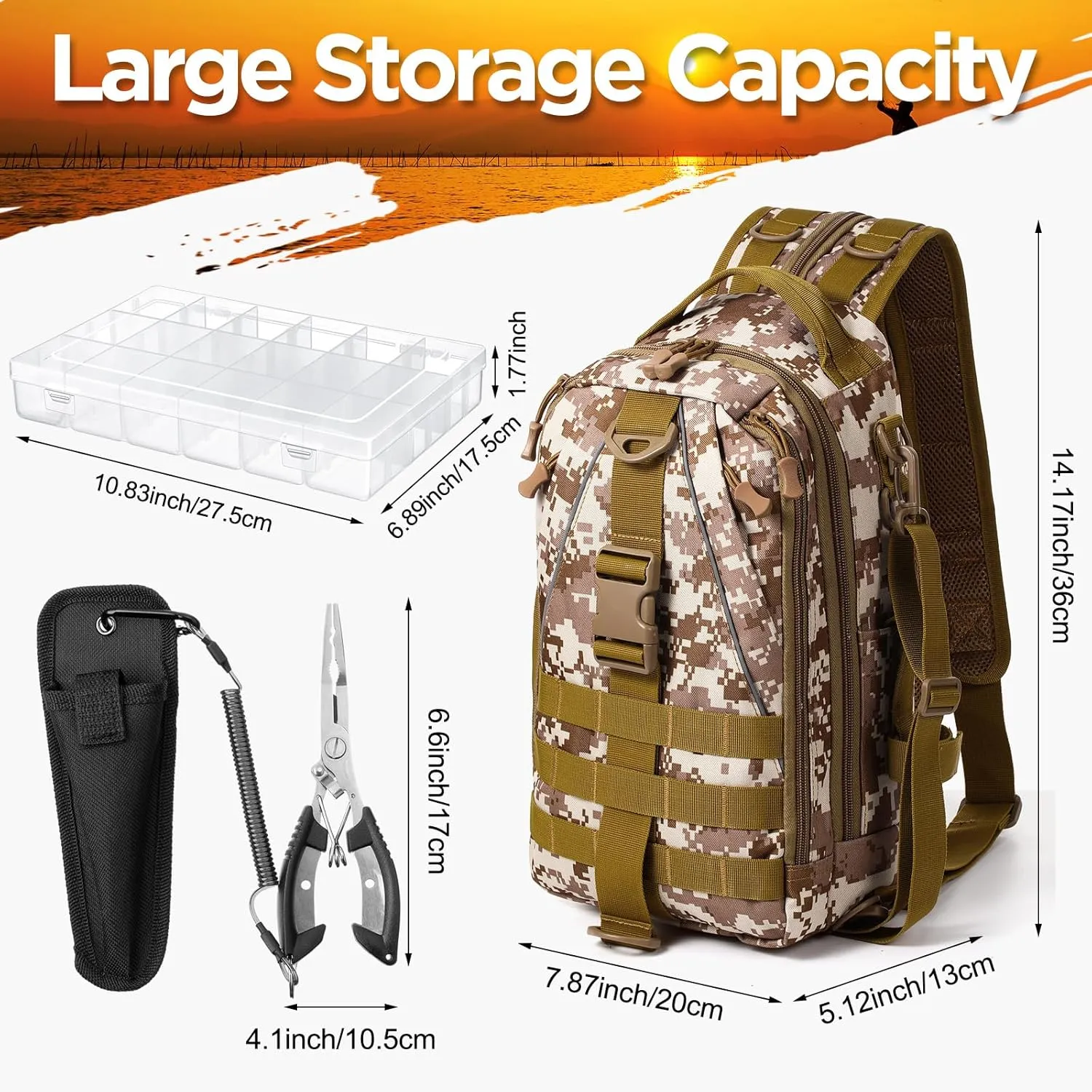 85 Pcs Fishing Backpack with Tackle Boxes, Tackle Sling Bag with Rod Holder, Fishing Lures Kit and Pliers Set for Men Women