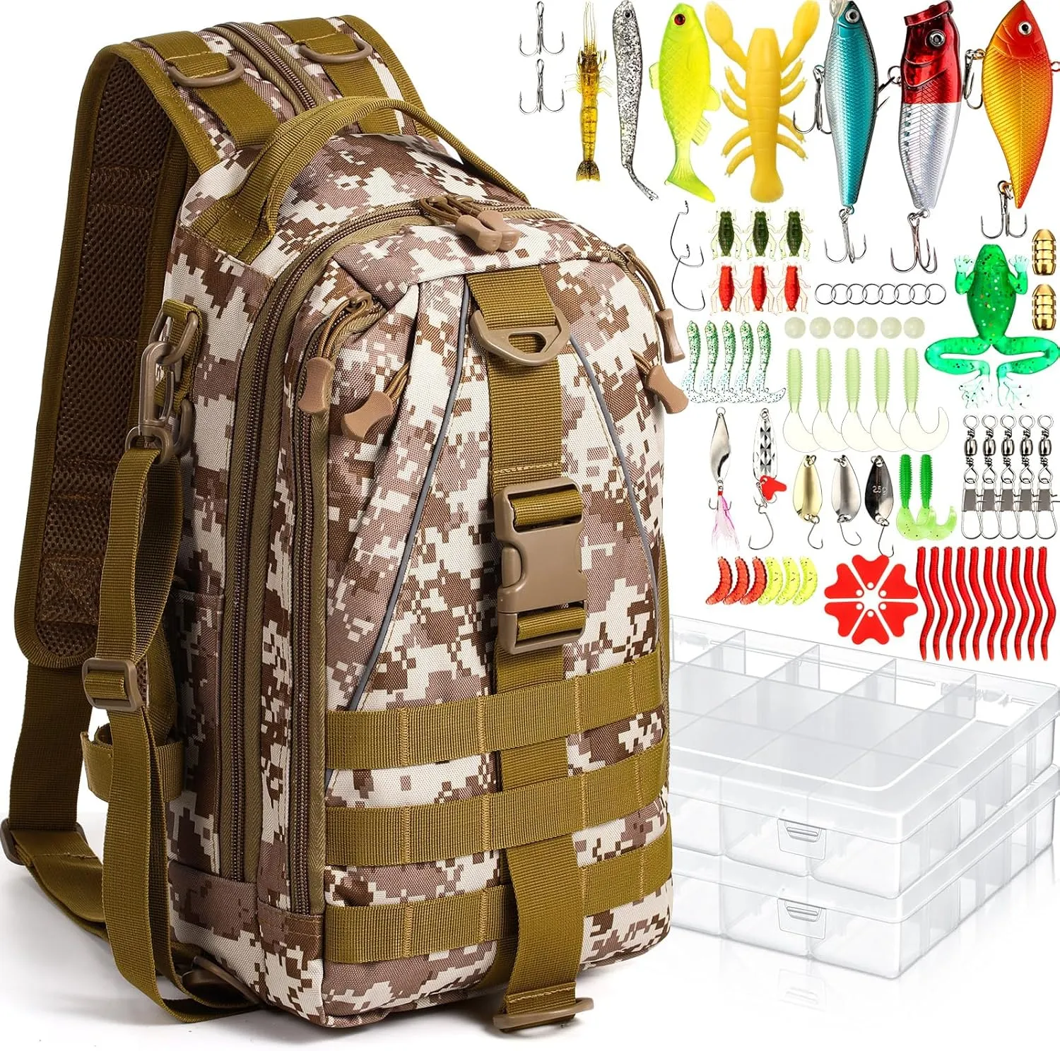 85 Pcs Fishing Backpack with Tackle Boxes, Tackle Sling Bag with Rod Holder, Fishing Lures Kit and Pliers Set for Men Women