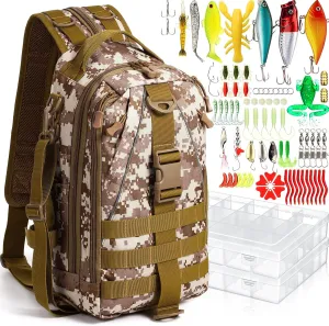 85 Pcs Fishing Backpack with Tackle Boxes, Tackle Sling Bag with Rod Holder, Fishing Lures Kit and Pliers Set for Men Women